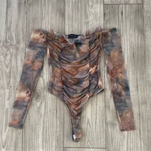 Roman Print Long Sleeve, Off The Shoulder Bodysuit with Ruffle and Roughing